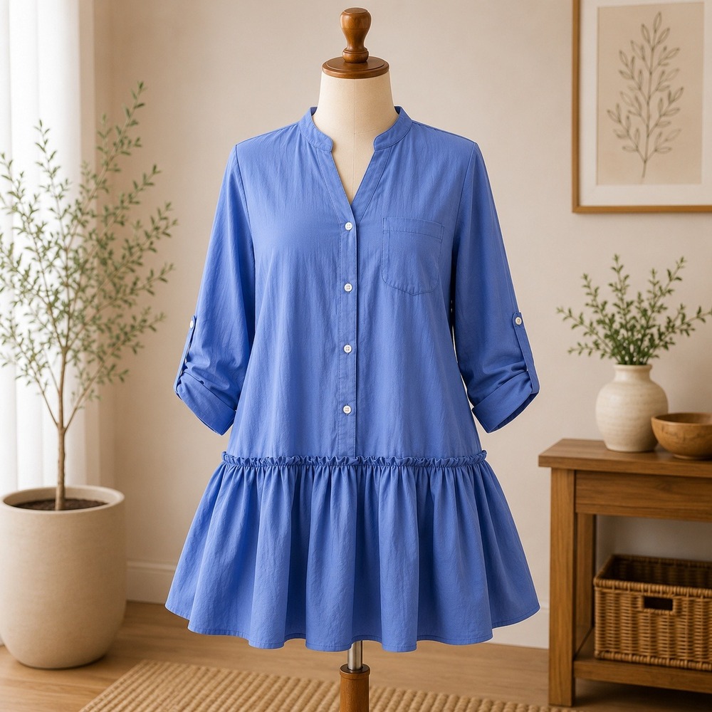 NWT Cupshe Shift Mini Dress Medium Blue Chambray Ruffle Hem Roll Tab‎ Sleeve